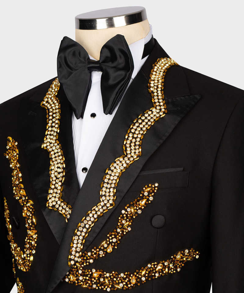 Luxurious Crystals Suit For Men Double Breasted Peaked Lapel Jacket Blazers Beading 2 Pieces Prom Male Party Custom Made
