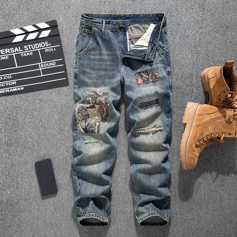 Spring and summer trendy loose straight tube retro jeans for men with ripped holes patch splicing and patchwork denim pants J251030