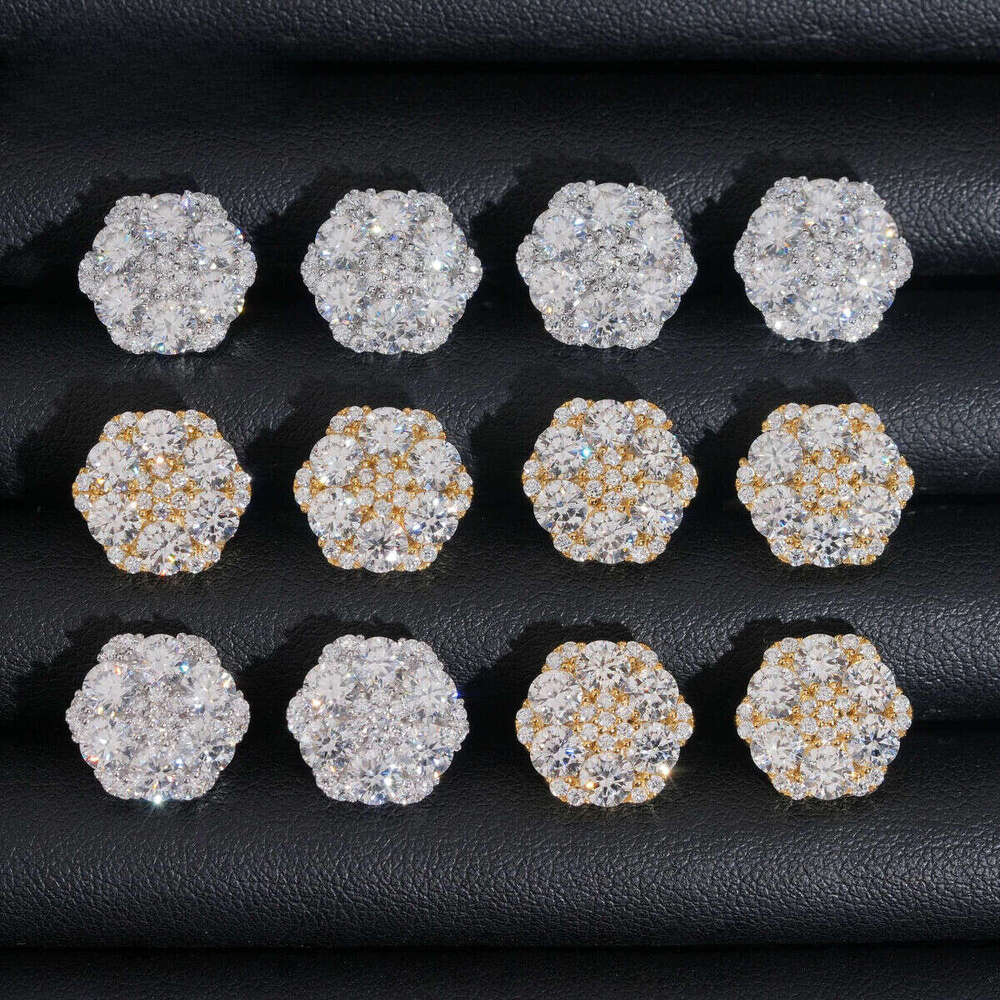 New hot sell by tester Hip hop Sier gold-plated VVS Dia diamond flower stud cluster Christmas gifts