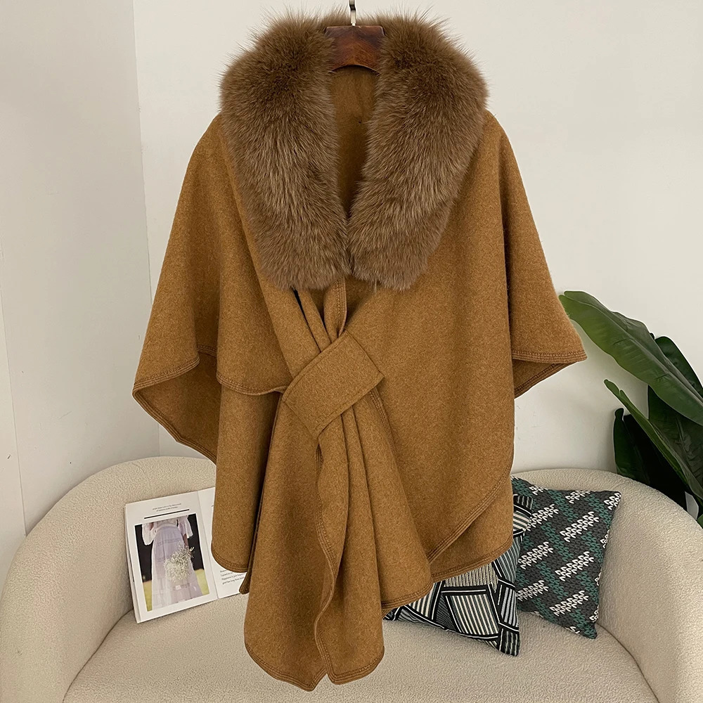 Woolen Blend Jacket Cloak Poncho Spring Scarf Female Real Fur Coat Women Spring Autumn Warm Shawl Thickening Fur Coats 251029