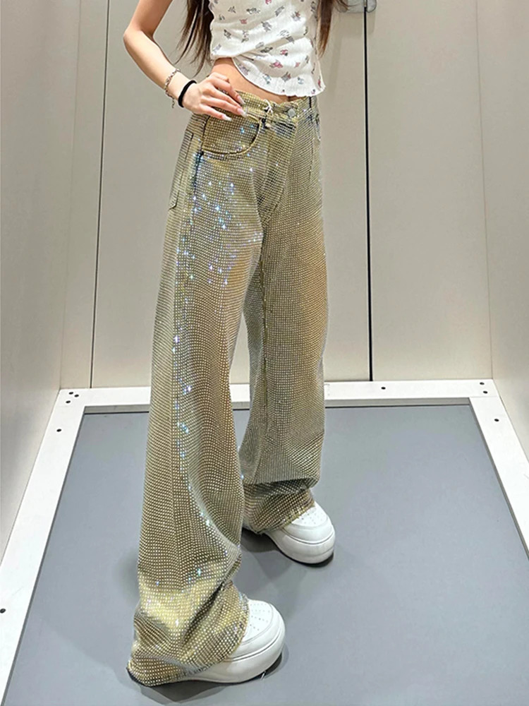 Y2K Women Diamond Jeans Spicy n Summer Spring Style Personality Star Print Niche Straight Leg Long Pants 251029
