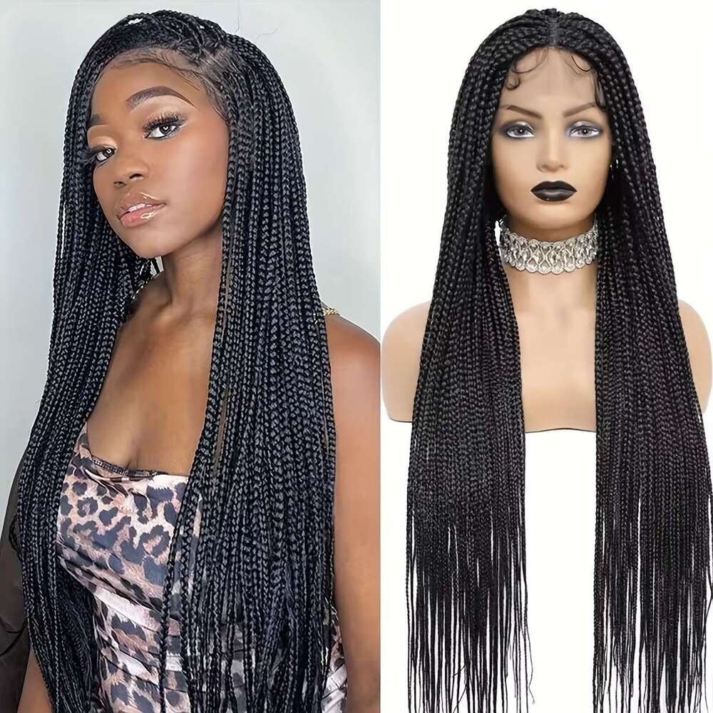 34 Inch Black Synthetic Full Braided - Knotless Box Braids With Double Lace Front, Hair & Cornrows-Like Texture | 100% Density Dreadlock-Style Wig For