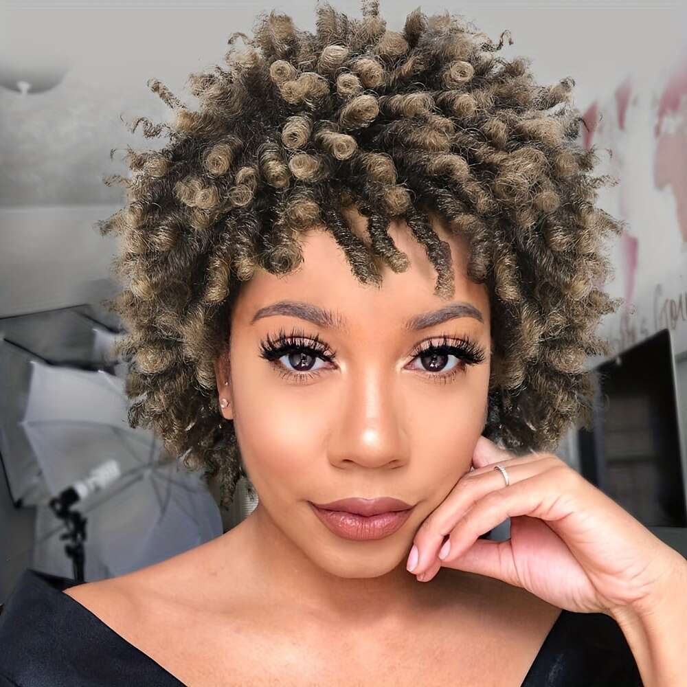 Women's Short Afro Twist Braided - Synthetic Faux Locs With Curly Wave Texture, Low-Temperature Fiber For Everyday & Ocns, Look Wig For Women, Dr