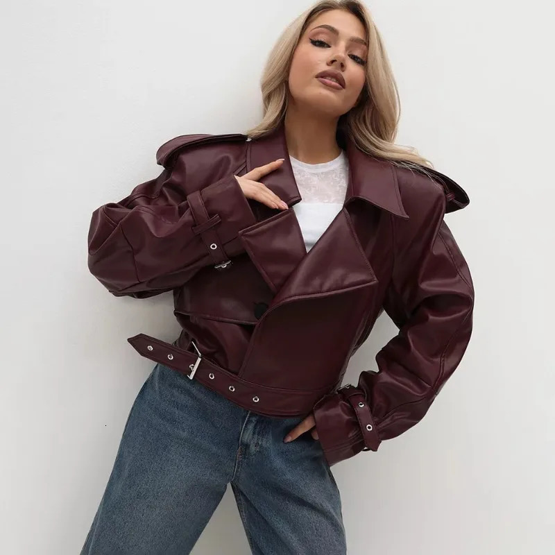 Talenza Women Vintage PU Leather Jacket Fashion Lapel Belt Patchwork High Waist Jacket Streetwear Casual Female Outwear 251029