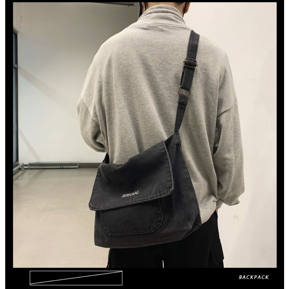 College Essential Stylish Denim Sling Pack with Tactile Design Elements