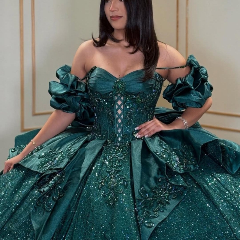 Dark Green Shiny Quinceanera Dresses Off The Shoulder Applique Lace Beading Crystal Bow Tull Party Birthday Sweet 16 Dress Vestidos 15 Anos