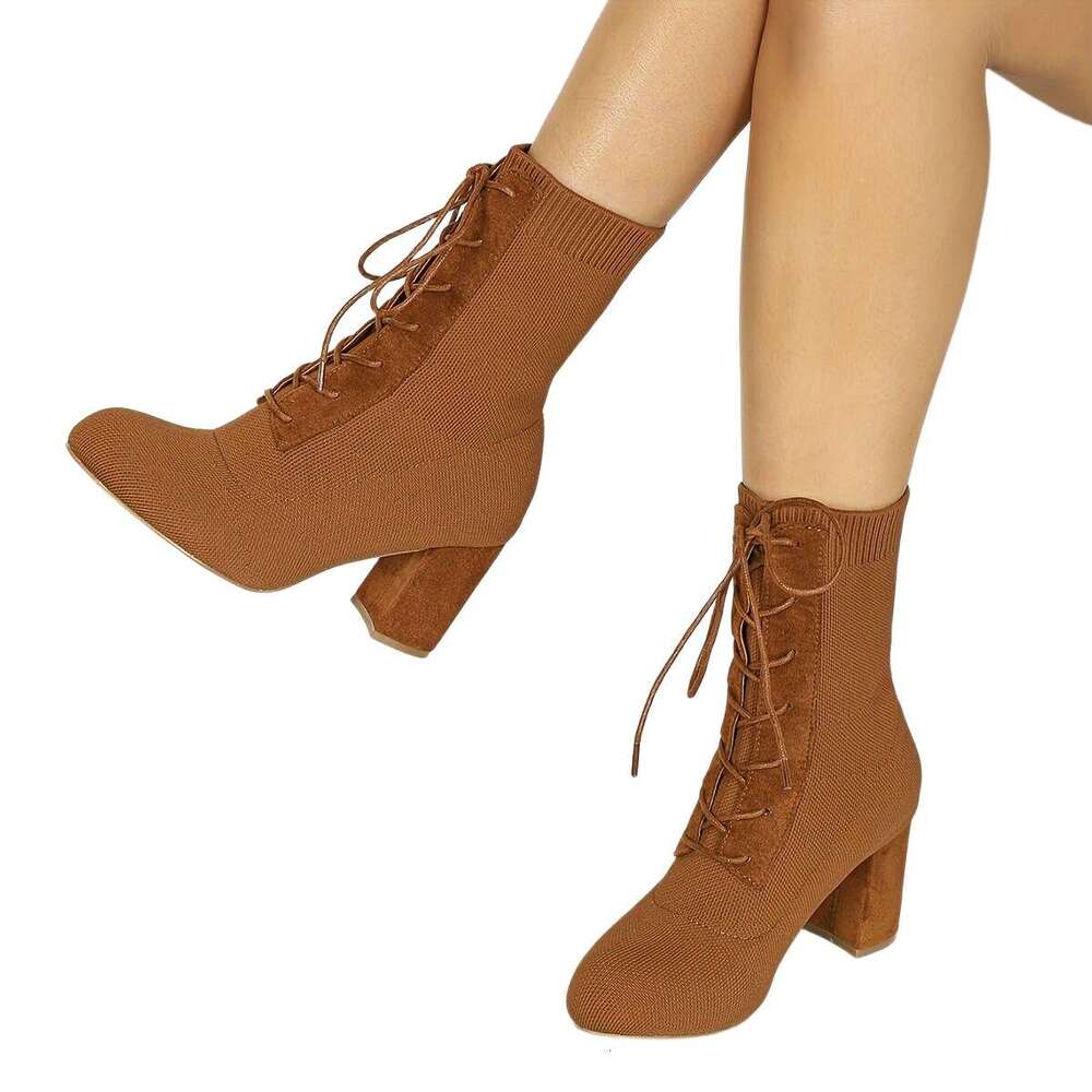 Women's High Heeled With Heels Fly Woven Uppers, Tied Straps, Thick Heels, Round Toe, Midsole Boots Are Fashionable And Suitable For Daily Wear