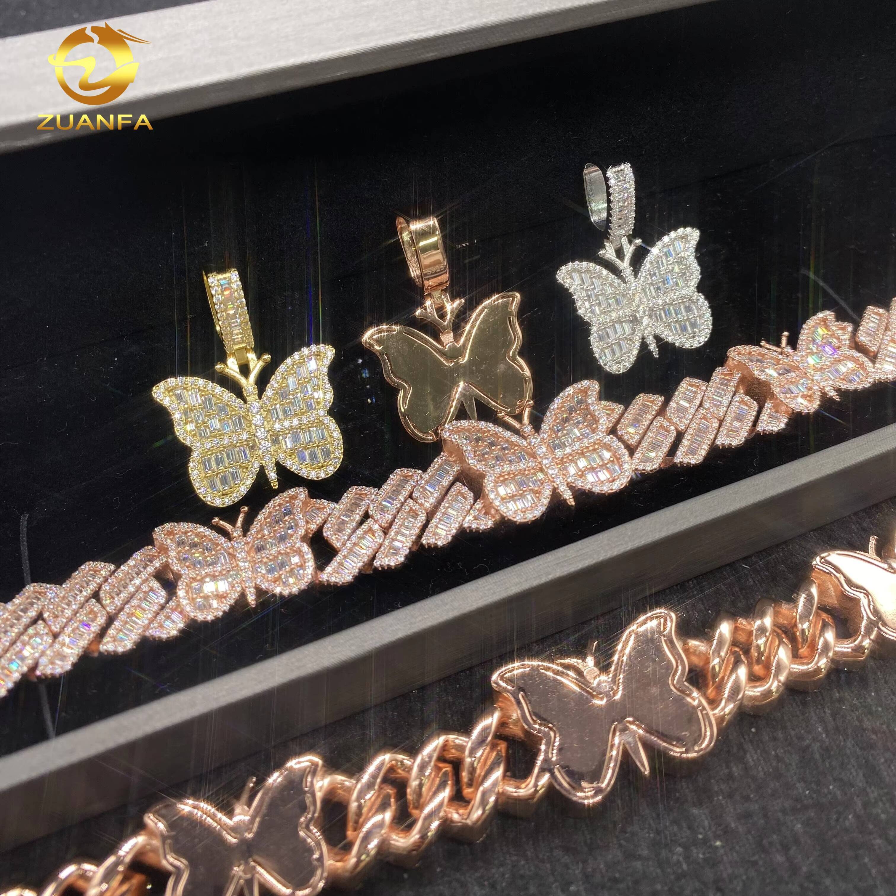 VVS D Moissanite Hip Hop Moissanite Custom Iced Out Rose Gold Bracelet 925 Silver Jewelry Diamond Butterfly Charm Pendant