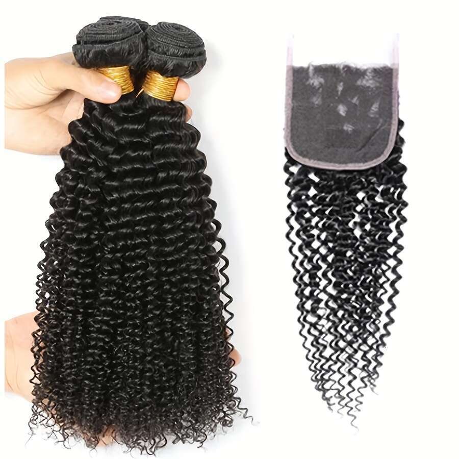 Deep Wave Human 4X4 Curly Lace With Baby Natural Color Pre Plucked 3 Bundles And Closure Brazilian Virgin Hair