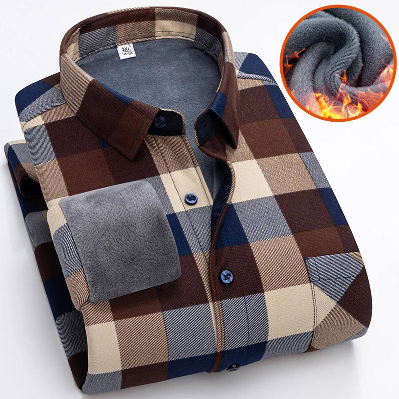 Autumn Winter Thicken Fleece Shirt Men Business Plaid Long Sleeve Warm Clothes Turn Down Collar Button Up Shirts Classic 251029