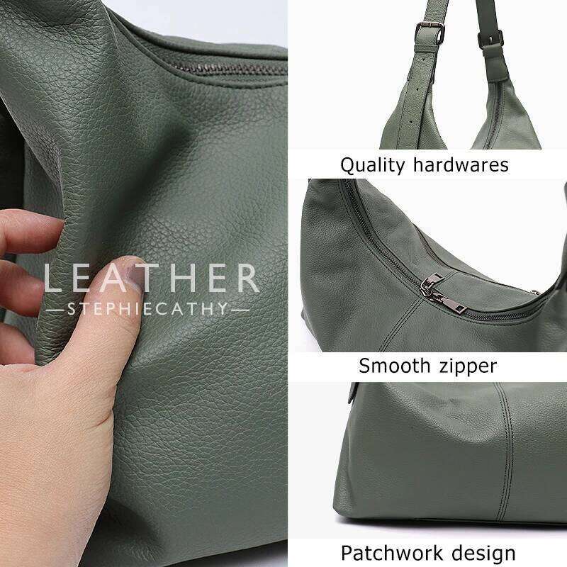 SC Women Cowhide Crossbody Bag Large Casual Shoulder Purse Wide Strap Handbag Female Daily 100% Genuine Leather Hobo Sack