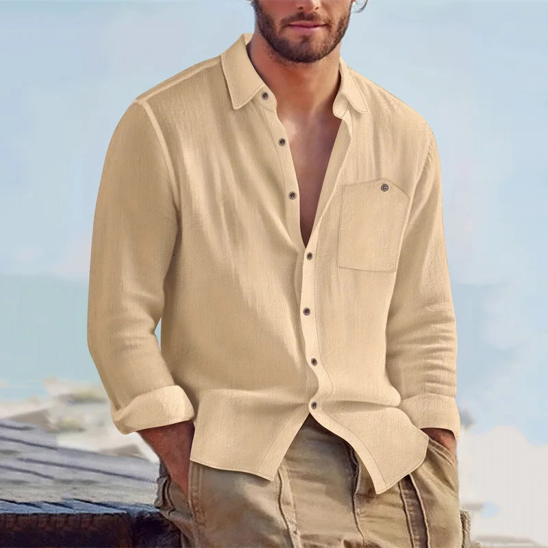 Mens spring and autumn linen cardigan long sleeved shirt casual loose breathable button top suitable for daily leisure or Party 251017