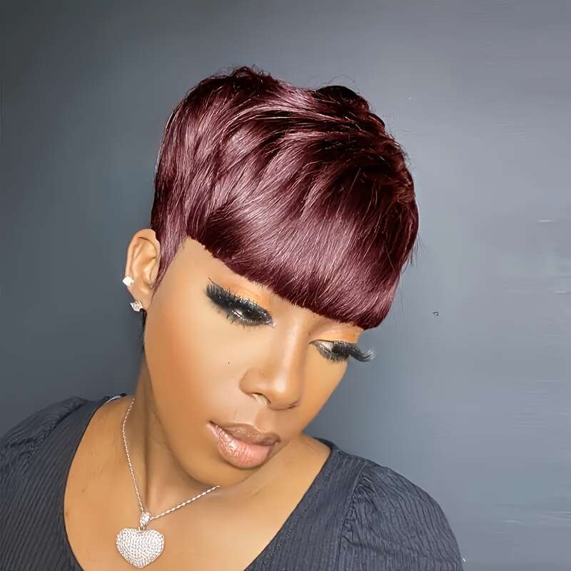 Women's Human Hair Wig - Bury Deep Red 150% Density High Volume Straight Pixie Cut With Neat Bangs Rose Net Cap Secure Fit Everyday Formal Events