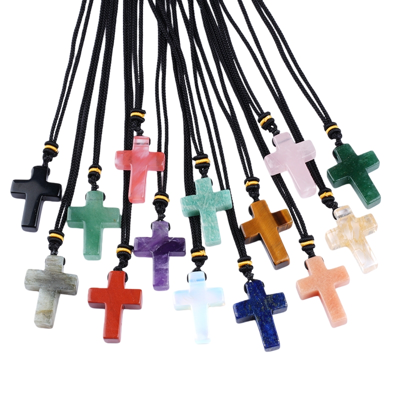 Natural Gemstone Cross Pendant Necklace, 22x30mm Crucifix with Adjustable Black Rope Chain, Religious Gift for Women Men, Unisex Healing Crystal Jewel