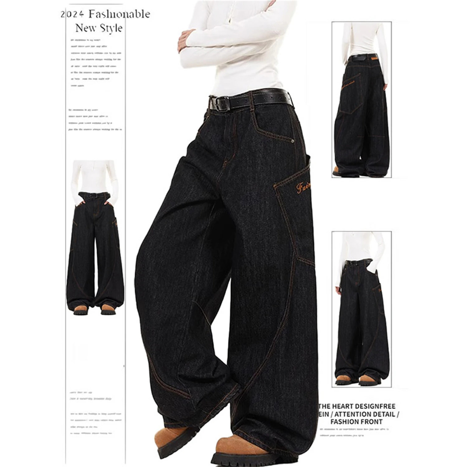 Y2K Womens Vintage Baggy Wide Leg Jeans High Waist Loose Denim Pants with Large Pockets Streetwear Trousers 251029