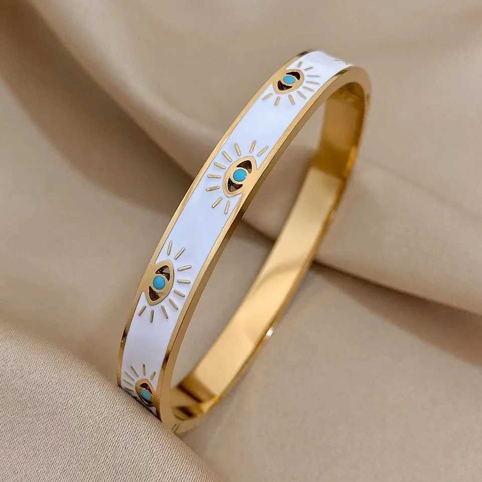 Womens TrenDY Devil Eye Charm 316L StainlESS Steel White Enamel Waterproof Bangles Jewelry for WristW251030