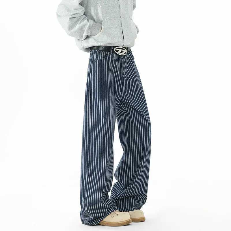 Blue Striped Jeans Men Fashion Casual Baggy Straight Jeans Men Streetwear Korean Loose Wide Leg Jeans Mens Denim Trousers S3XL J251030