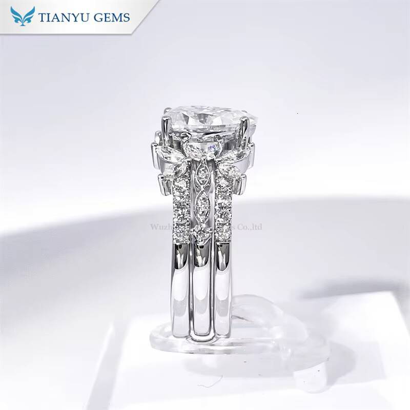 Tianyu Gems 842g 14k White Gold Pear Moissante Diamond 710mm DEF VVS1 Jewelry Ring Set for Women
