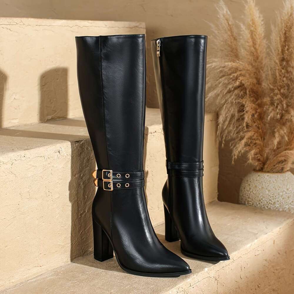 Women's European Style Knee-High With Side Zipper, Chunky Heel, And Metallic Buckle Straps - Black Faux Cover, Casual Wear, Winter Pointed Toe | 