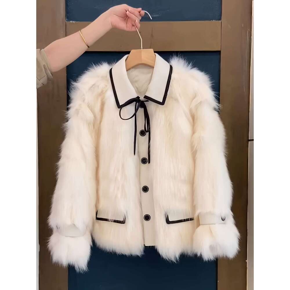 Women S Elegant Faux Fur Plush Thickened Jacket With Drop Shoulder Sleeves Single Breasted Button Front Contrast Trim Loose Fit Casual Chic Outerwear 