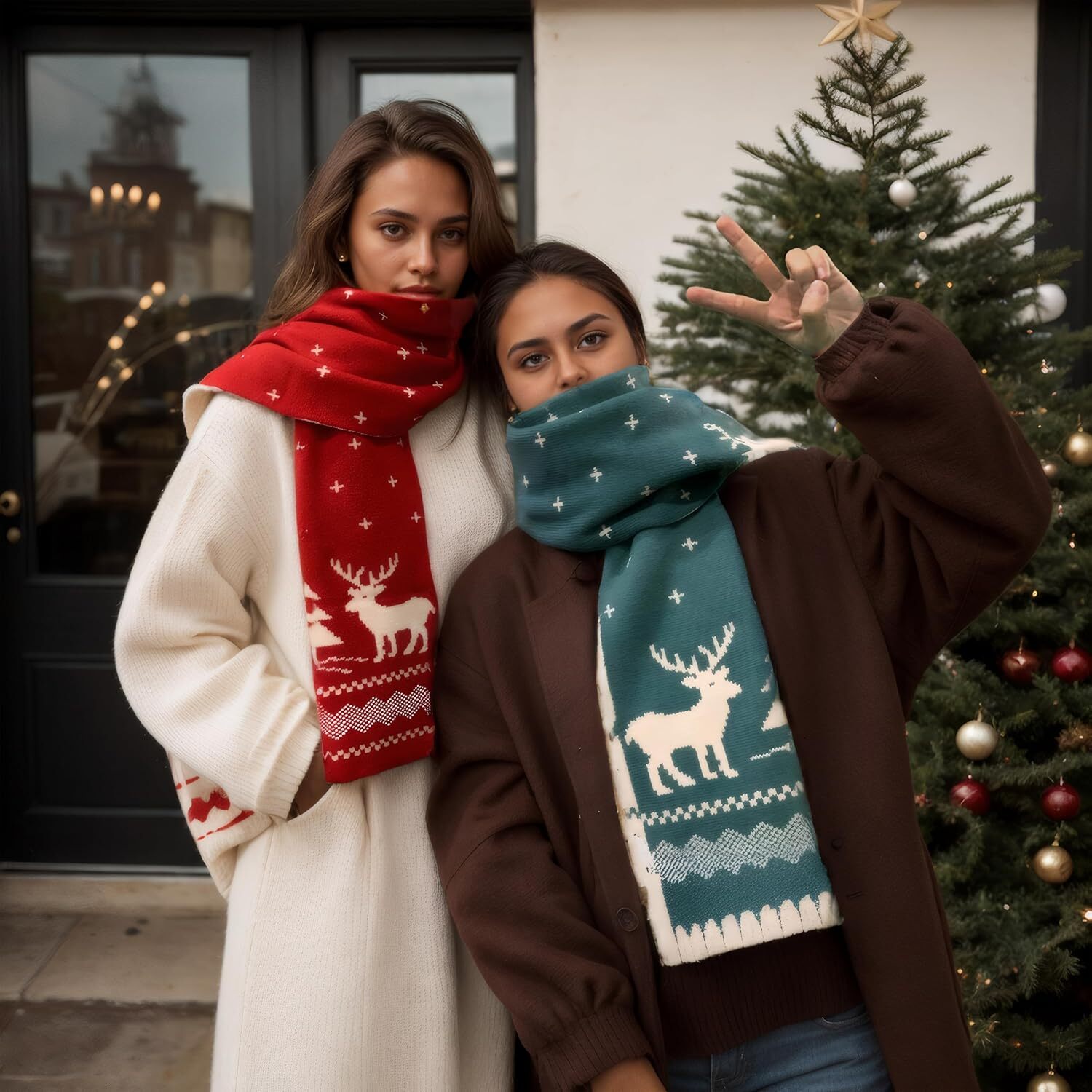 Custom Fall Winter Soft Knit for Women Men Boys Girls Christmas Scarf with Reindeer and Snowflake Pattern Green