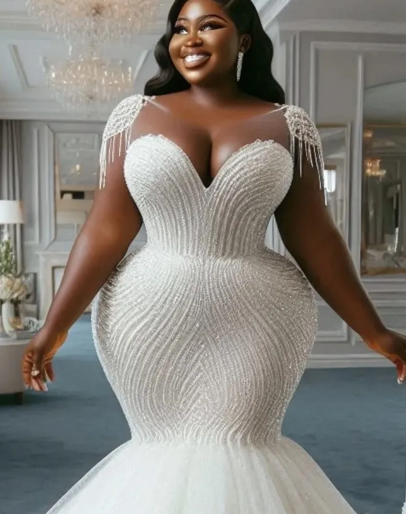 Ivory Wedding Dress Plus Size Cap Sleeves Beaded Sequined Tulle Bridal Gowns Dresses