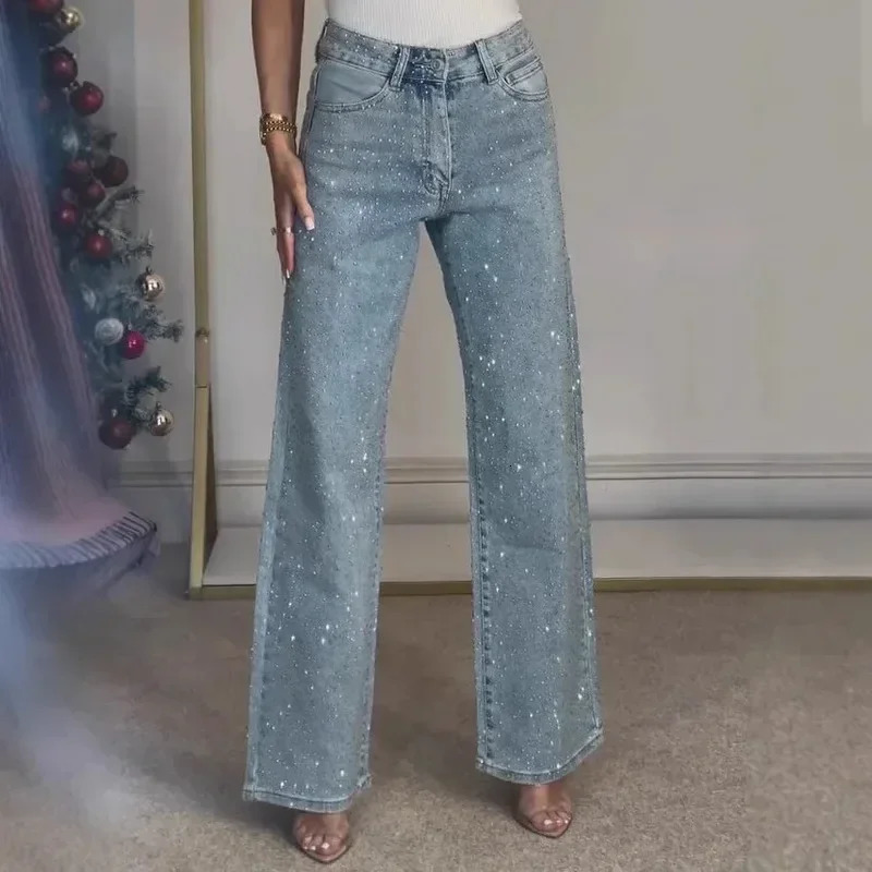 Women Jeans Straight Diamonds Pants Stretch High Waist Washed Mom Jeans Y2k Streetwear Trousers Vintage Denims Streetwear 251029
