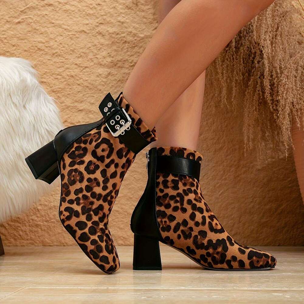Women's Leopard Print Mid-Calf Boots With Block Heel, Square Toe Zip Closure - Dress Ocn Flannel And PU Upper, Fabric Lining, TPU Sole, High Heel