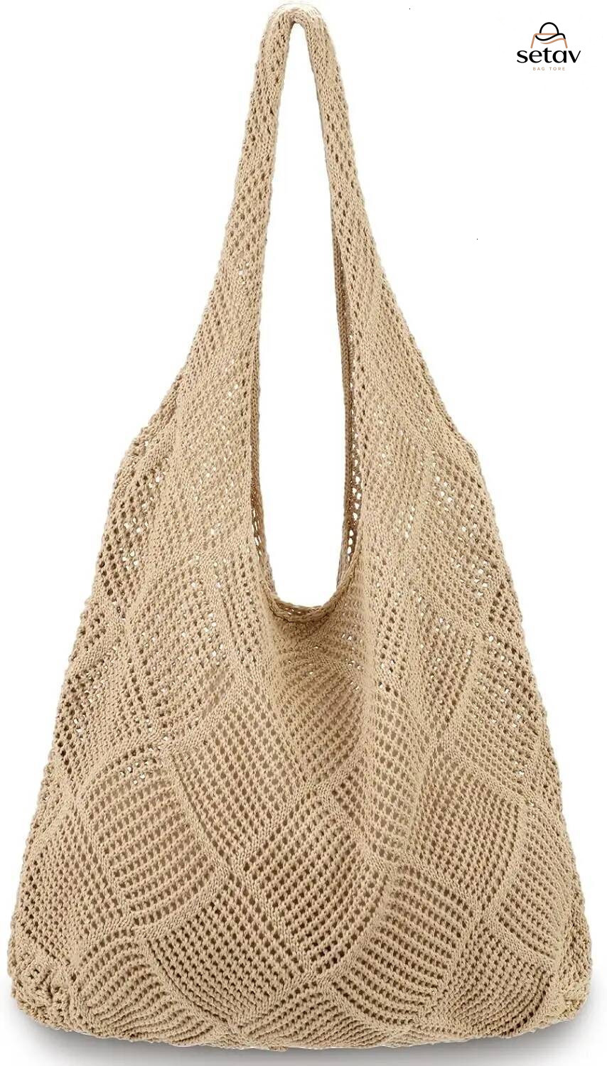 Luxury Handbag Women's Crochet Foldable Woven Summer Beach Handbag, Beautiful Hippie Knitted Hollowed Out Retro Shoulder Bag Handbag