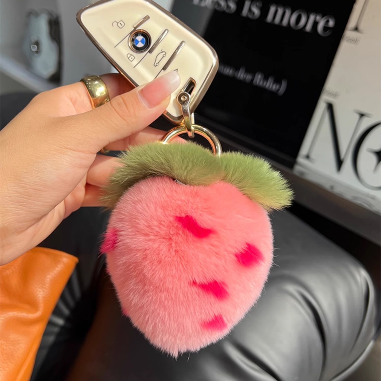 Real Rex Rabbit Fur Strawberry Car Keychain Ins Style Plush Ball Backpack Charm
