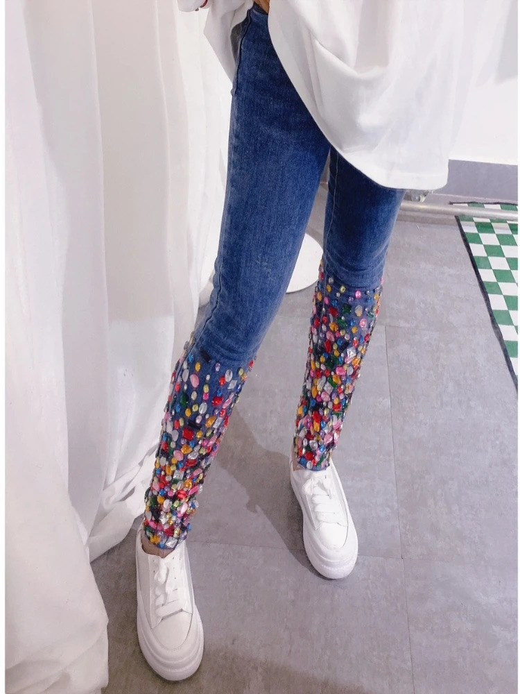 Women Street High Waist Jeans Autumn Heavy Industry n Color Diamond Comfortable Cotton Stretch Skinny Denim Pants 251029