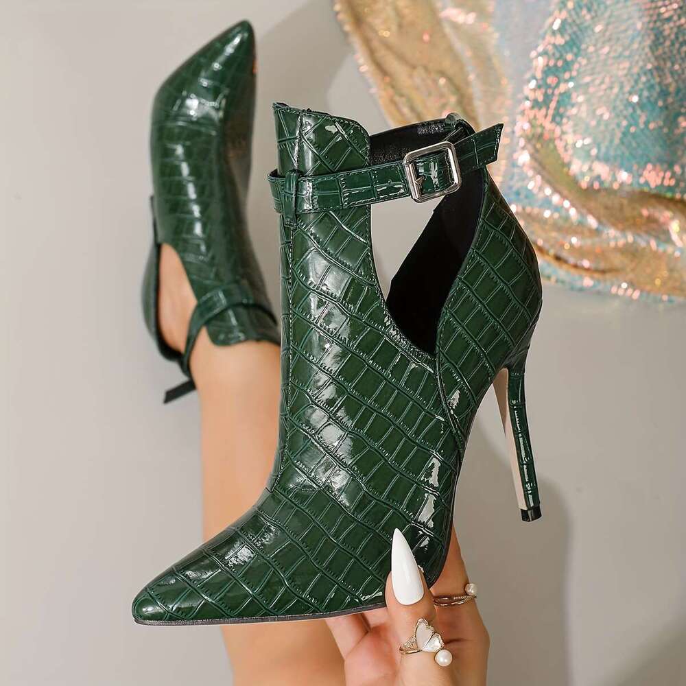 Women's Green Glossy Alligator-Textured Pointed-Toe Stiletto High-Heel With Buckle Closure Sophisticated Dress Shoes Parties, Formal Events, Casu