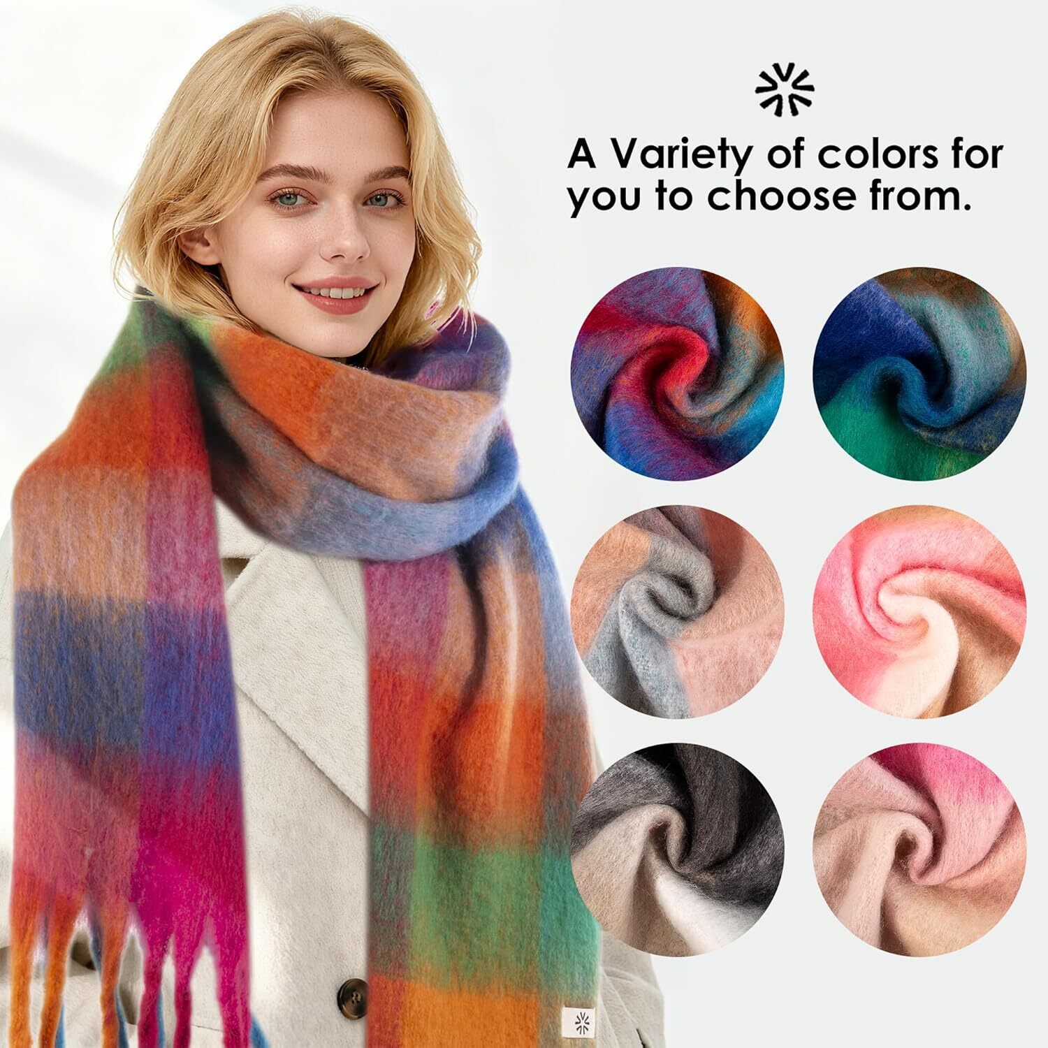 Custom Womens Winter Scarf, Cashmere Feel Tassel Fashion Scarfs Colorful Plaid Long Shawl Large Scarves Christmas gifts