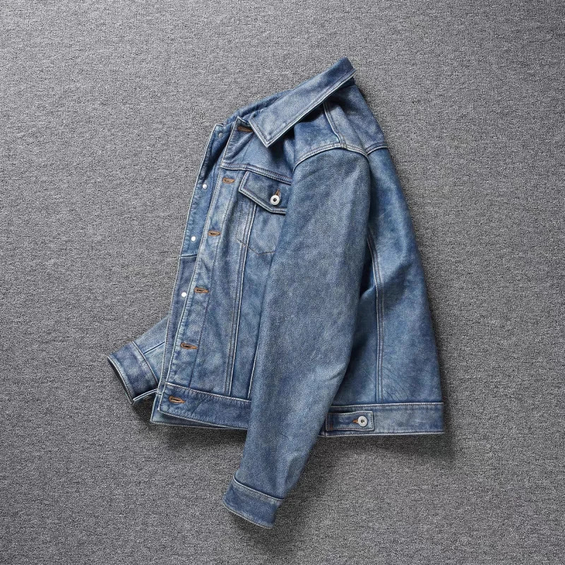 Mens Motorcycle Leather Jacket Light Blue Ami Khaki Retro Graphite Distressed Denim Genuine Slim Short 251029