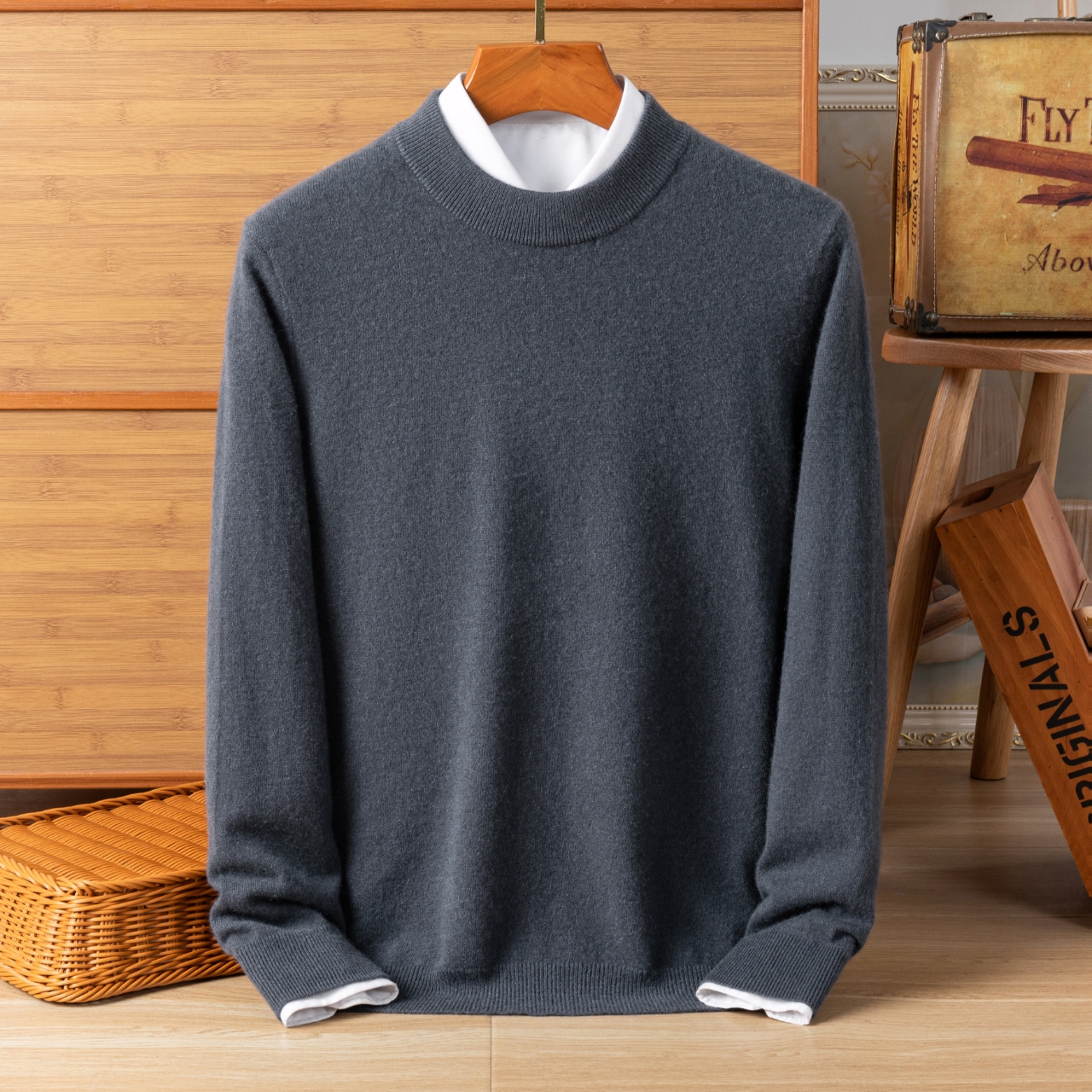 100% pure cashmere sweater men's thick warm round neck sweater solid color long sleeved knitted sweater