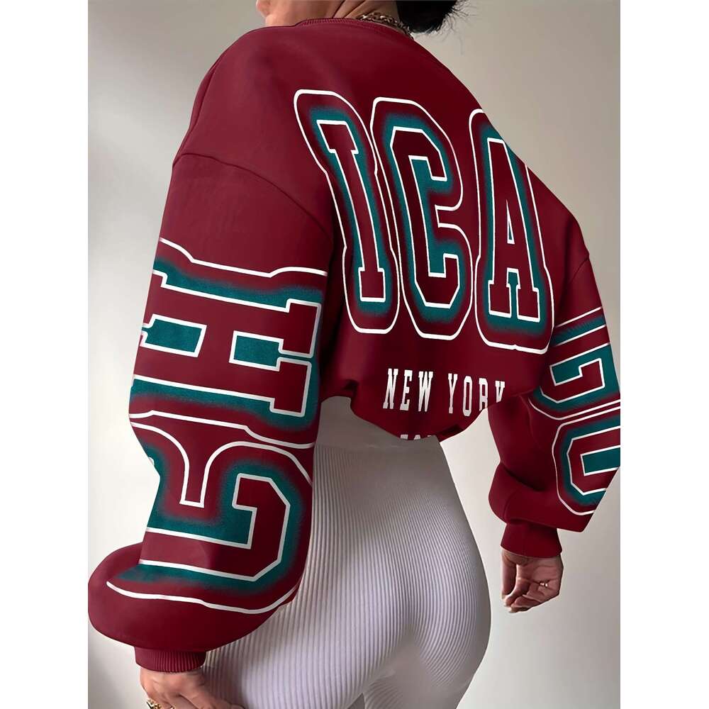 Women's Oversized Graffiti Letter Print Sweatshirt - Bold "New York" Graphic In Teal & Black, Crew Neck Casual Pullover, Hine Washable 