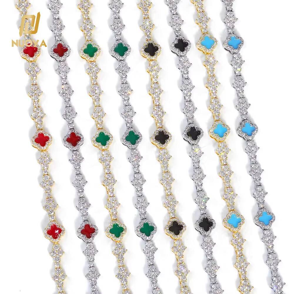 NUOYA Hip Hop New Style Iced Out Four Leaf Clover Necklace Silver Color 65mm moissanite Diamond Colorful Tennis Chain Jewelry for Women Designer'