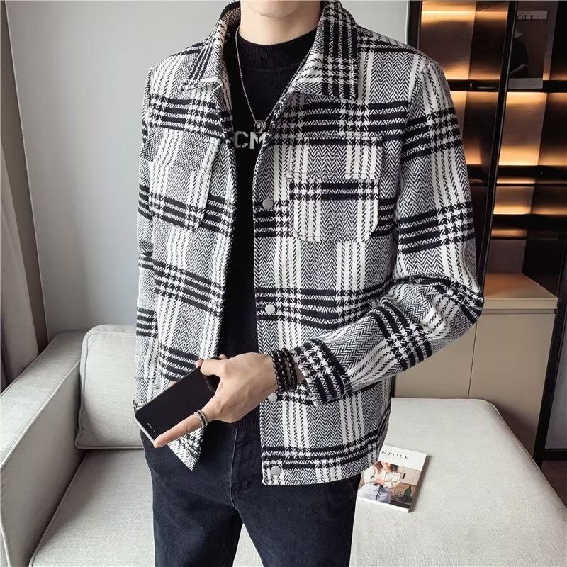 Handsome Plaid Woolen Jacket For Men Spring And Autumn Trendy Slim Fit Stylish Designer Jacket Trench Coat With Turn-down Collar Short Woolen Coat