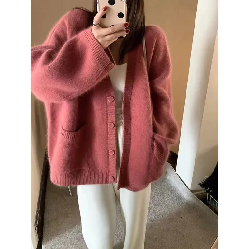 Spring Vneck Knitted Open Cardigan Womens Loose Casual Style Hong Kong Flavor Lazy Fashion Soft Sweater Jacket 251029