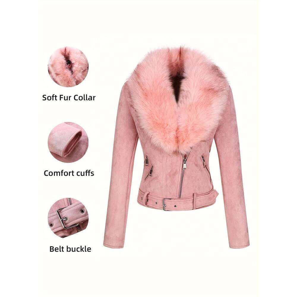 Women S Suede Motorcycle Jacket With Detachable Faux Fur Collar Stylish Winter Outerwear Black Zip Up Closure Long Sleeve Casual Chic Design