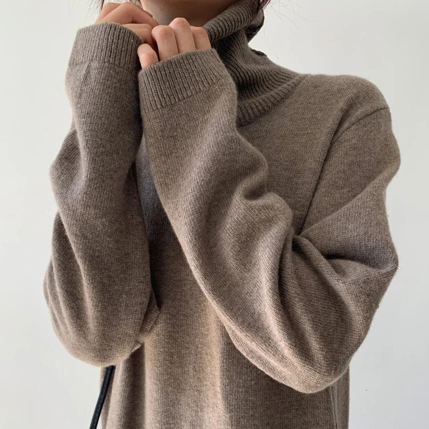 REALEFT Autumn Winter Elegant Turtleneck Loose Womens Knitted Long Dresses Sleeve Solid Straight Dress Female 251027
