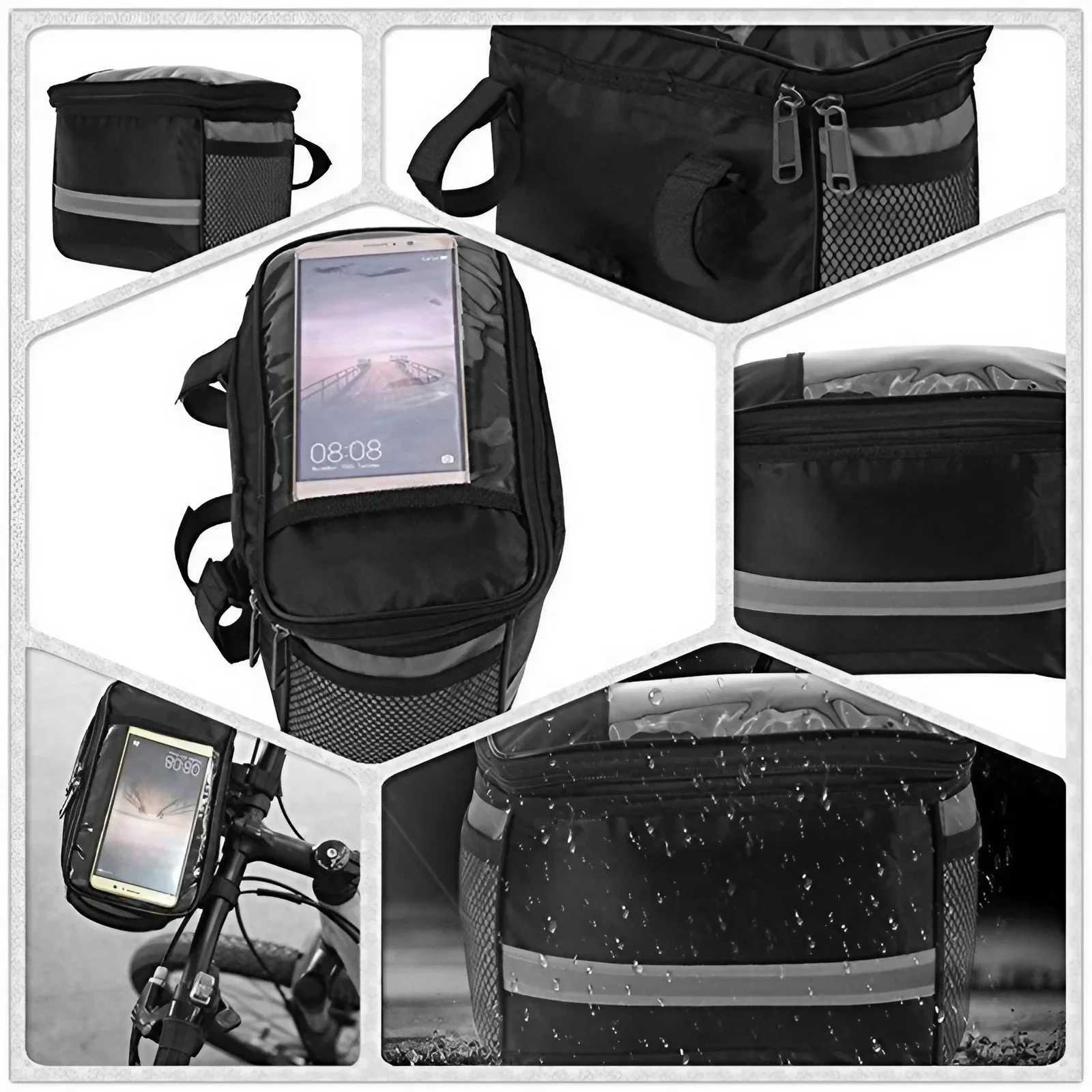 Waterproof Bike Front Handlebar Bag with Reflective Strip and Mesh Pouches for Mountain and Road Biking Safety and Navigation H251029