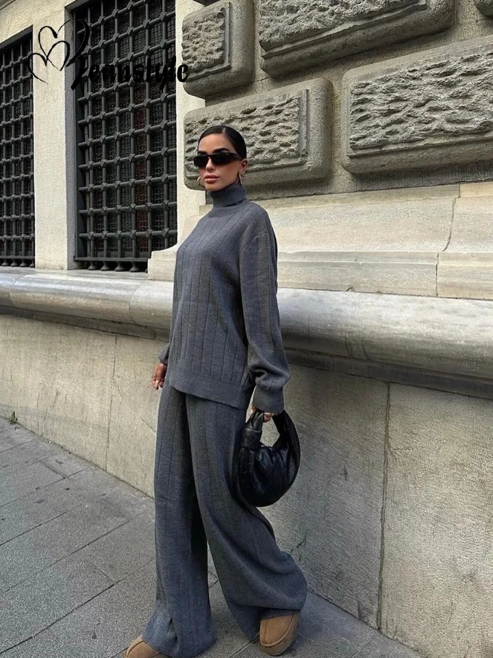 Casual Loose Women Knitted Pant Suits Full Sleeve TurtleNeck Solid Sweater Lady Set Autumn Winter 2 Pieces Set Female 251028