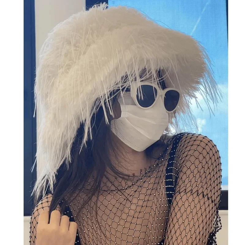 Plush Faux Fur Bucket Hats For Women Fashion Winter Ostrich Feather Female Thicken Warm Fisherman Caps Party Panama Bob 251028