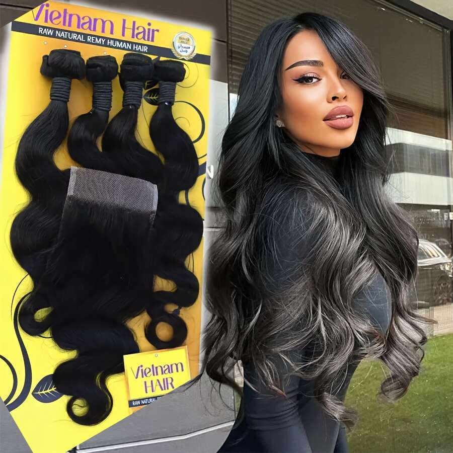 Body 4 Bundles With 4X4 Lace Clouse Hair Women, 1 Set Of Natural Black Big Wave Virgin Human Easy To Wear Women Daily Styling, Christmas Hairstyles,