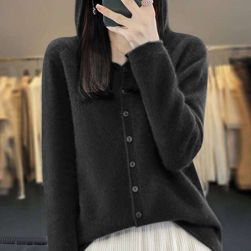 First Line 100% Merino Wool Knitted Cardigan Women's Autumn And Winter Hoodie Loose Sweater Fashionable Versatile Coat Top Designer Sweater Women