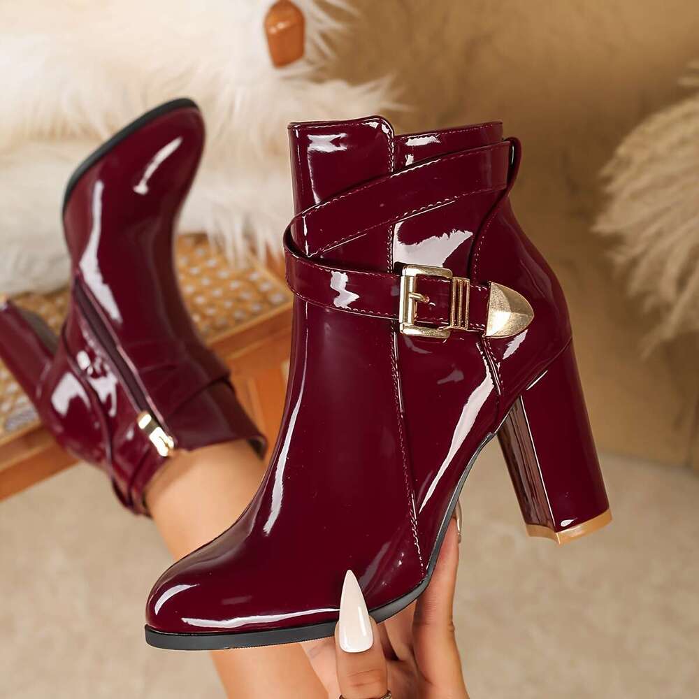Women's Wine Red Glossy Cover Mid-Calf Boots - Thick Block Heel Pointed Toe With Golden Buckle Strap & Zipper Closure, British Retro Style Fit Al