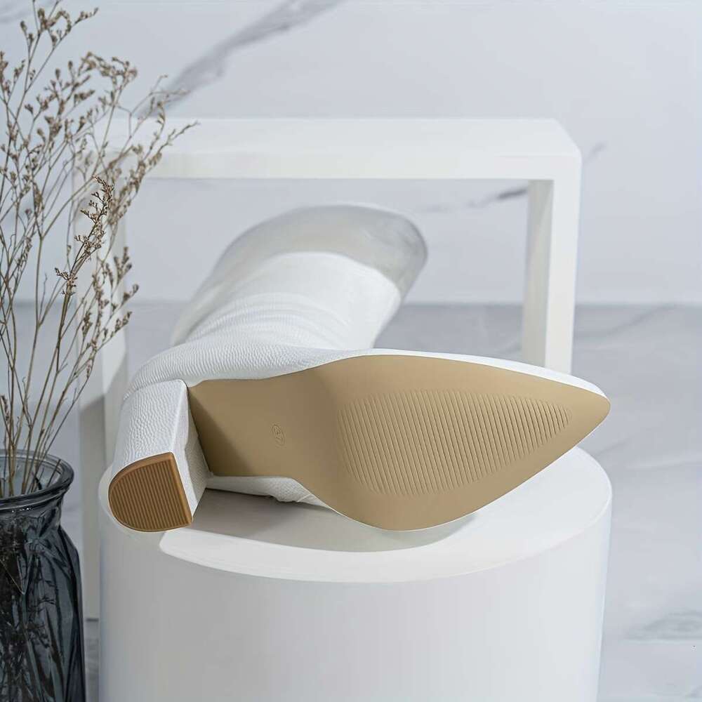 Elegant White Pointed-Toe Knee-High Women - Chunky With Side Zipper, Faux Cover, Perfect For Fall & Winter Comfort, High Heel Boots