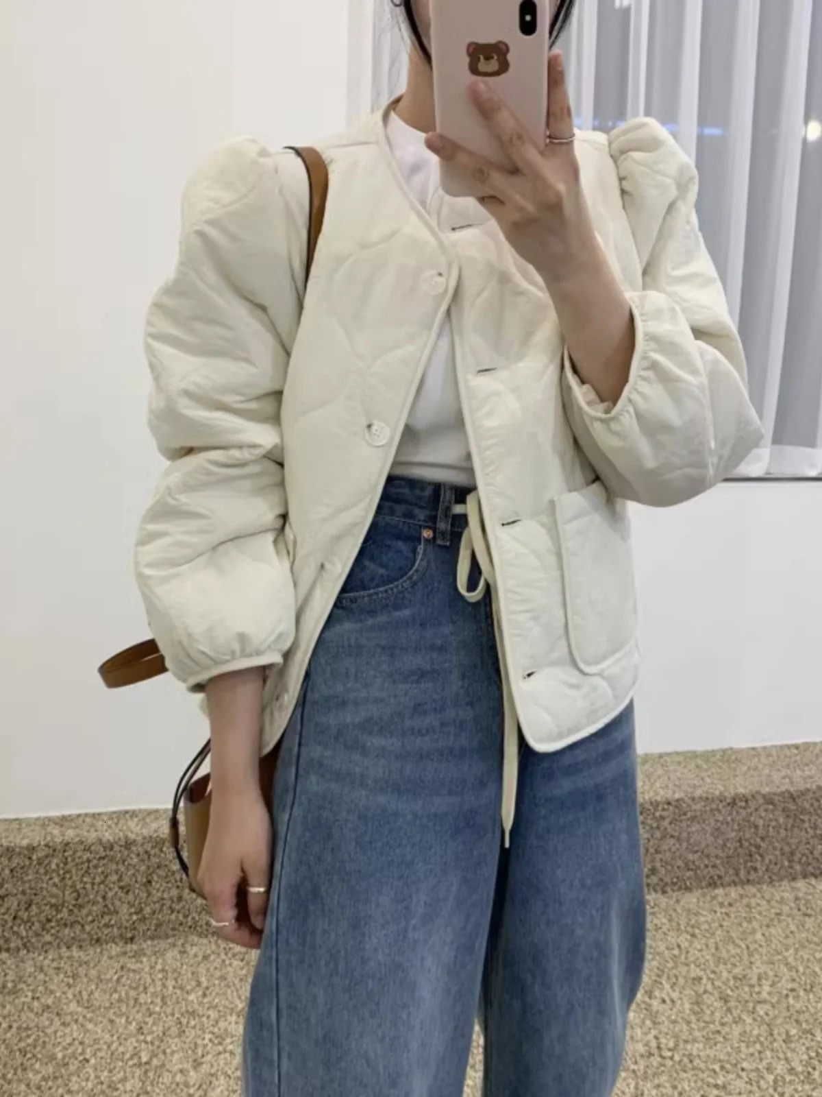 Winter ort Coat Womens Loose Fit Long Sve Bla Cotton Jaet Sli Agel Outerwear Top Button Detail Korean Sle 251030