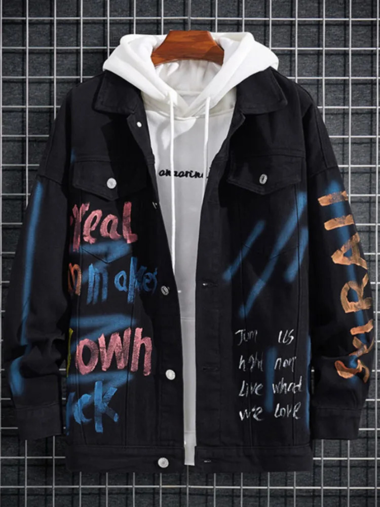 Cowboy Hip Hop Chic Letters Printed Jeans Jacket Men Casual Streetwear Short Style Loose Denim Coat Spring 251016